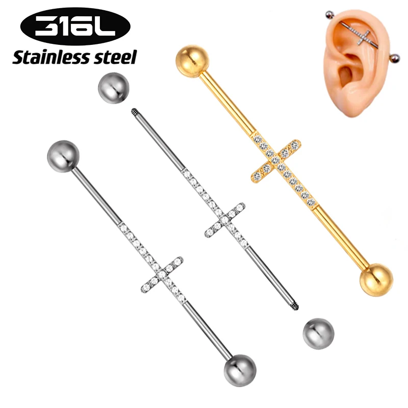 1PC z nehrdzavejúcej ocele Piercing Industrial Barbell Long Bridge Hoop Zirkón Piercing Piercing Ear Stud Goth Body Jewelry 14G/16G