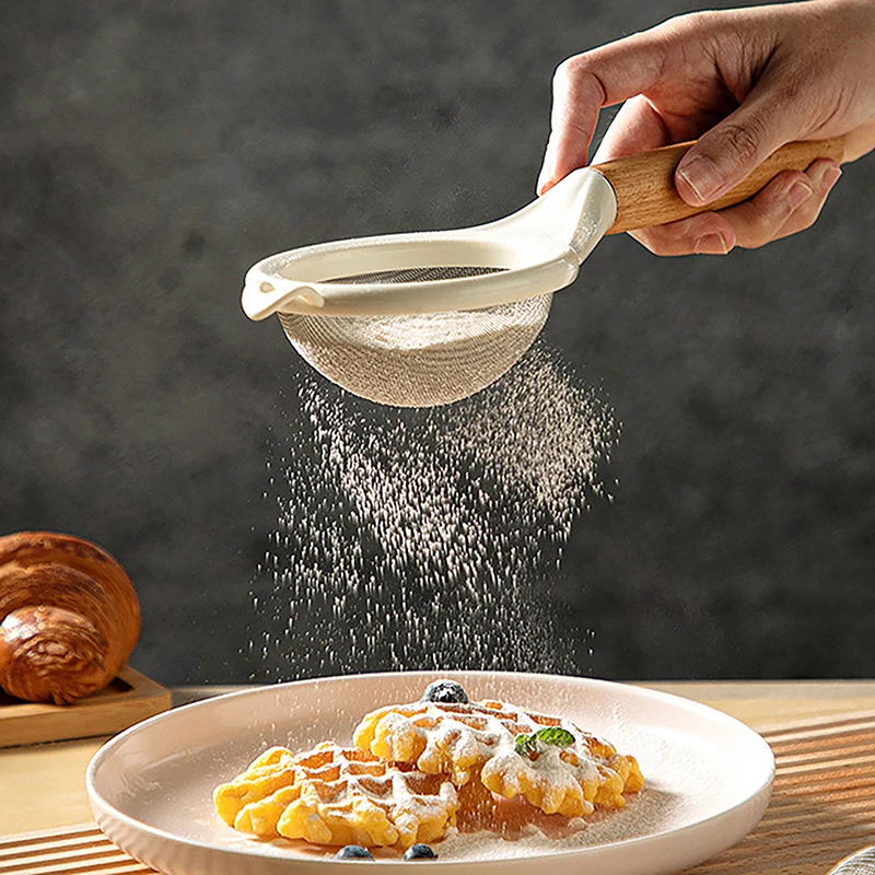 1PC z nehrdzavejúcej ocele Siega Sieve Sugar Juhder Juice Soybean Penový filter Filter s jemnou obrazovkou Drevená rukoväť kuchynský pečenie Nástroj