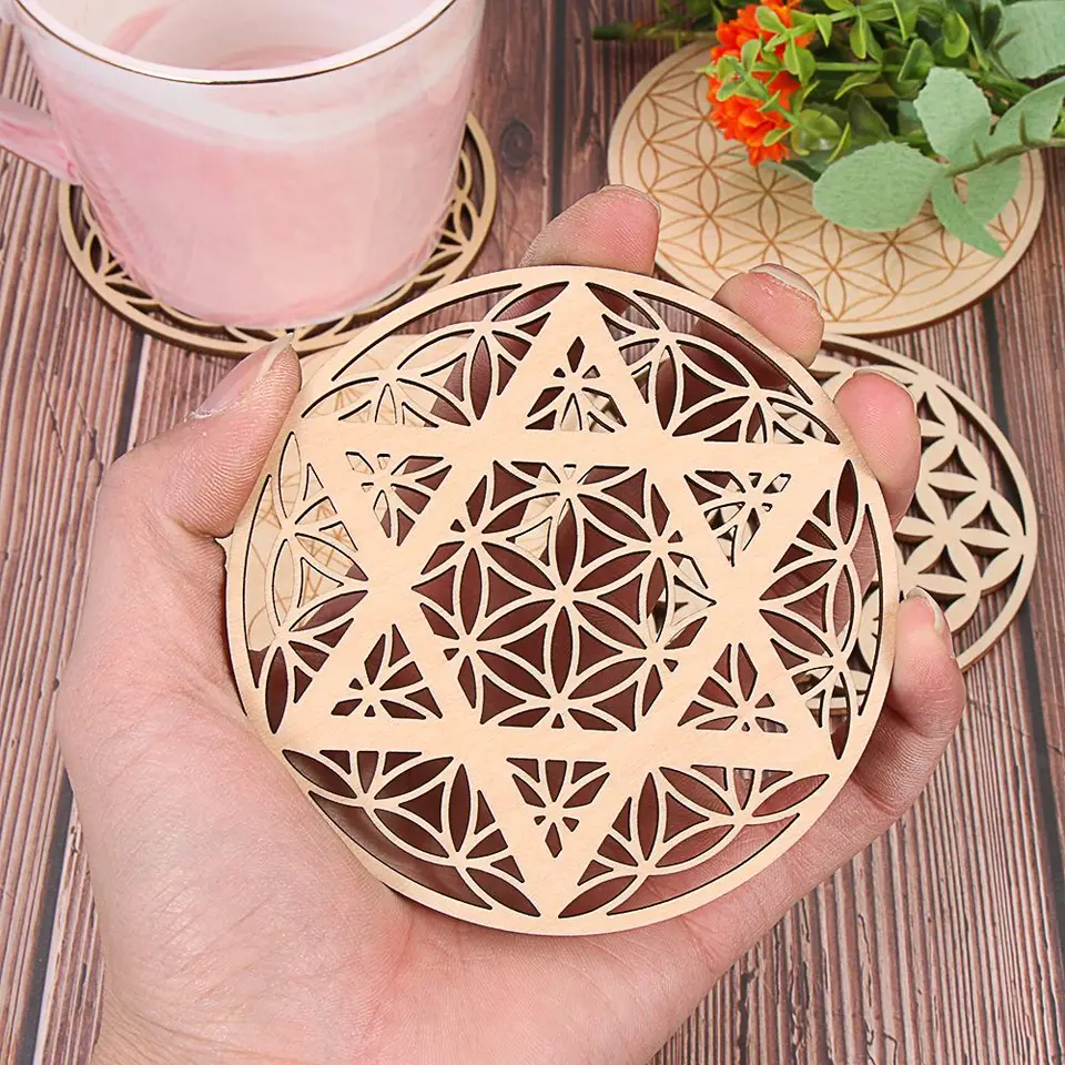 1PC Čakra kvet života prírodný symbol 7 Druhy drevené okrúhle okrajové kruhy vyrezávané dráha pre kamenné kryštálové súpravy DIY dekor Liečenie