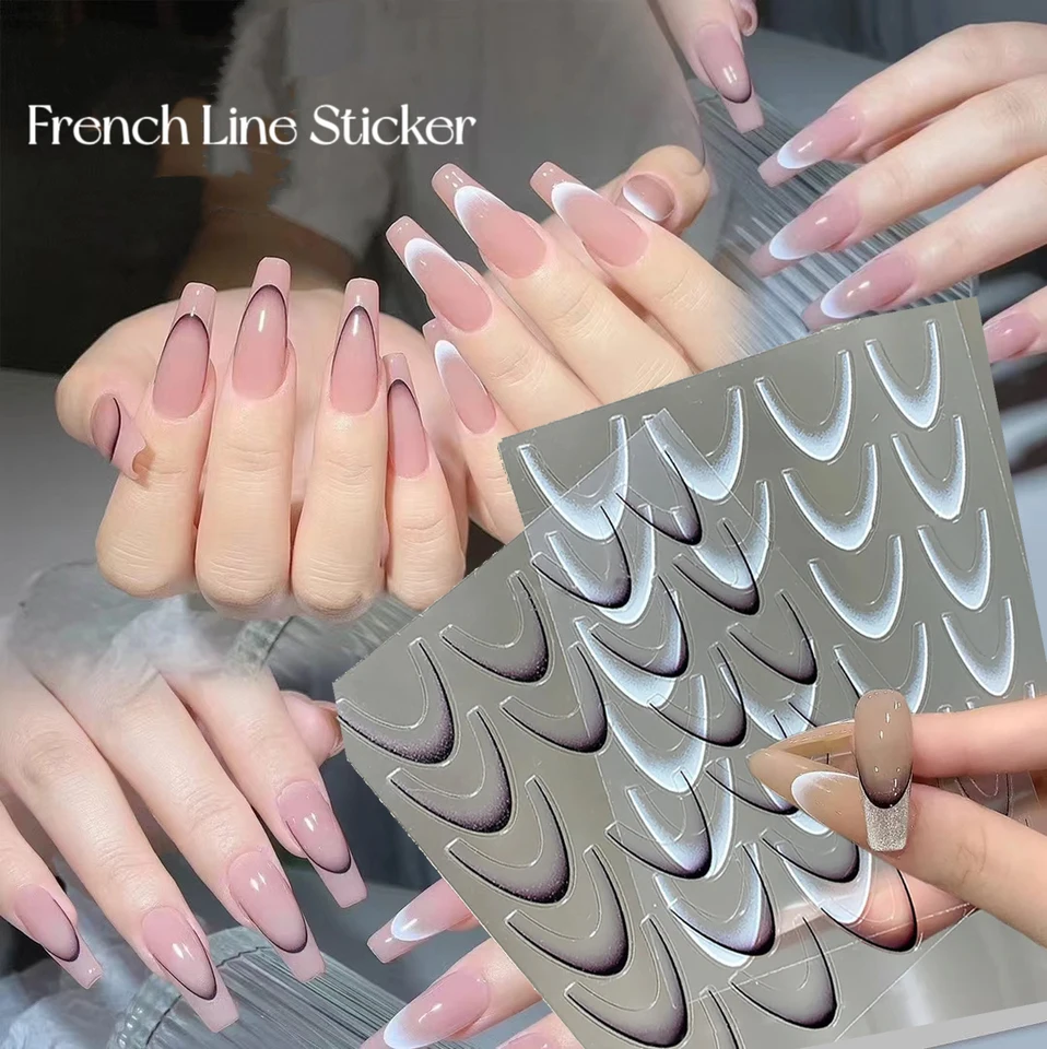 1PC čiernobiele 3D gradient francúzska línia na nechtové nálepky 8*10 cm Stripe linky Francúzske posúvače Self-ústí mesačnej línie manikúrové nálepky