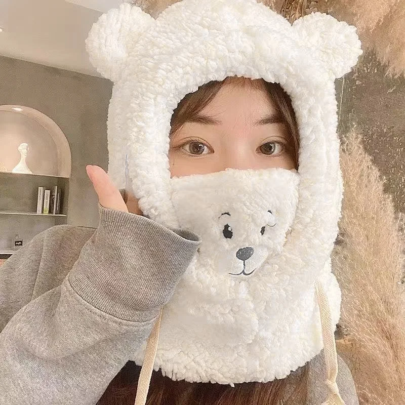 1pc šálový klobúk teplý jednodielny klobúk medveď zimný študent Lamb's Wool Kórejská verzia plyšovej kryte s kapucňou s kapucňou