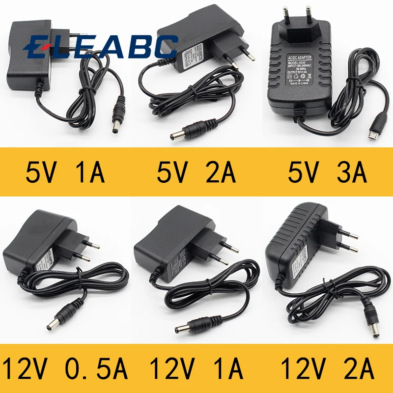 1pcs 100-240V AC až DC napájacieho adaptéra napájacieho adaptéra nabíjača 5V 12V 1A 2A 0,5A EU Plug 5,5 mm x 2,5 mm/5v3adc plug Micro USB