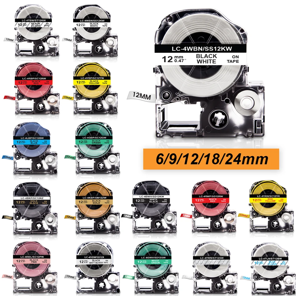 1pcs 12 mm SS12KW Tape 6/9mm Label ST9KW ST6KW LK-4WBN ST12KW SC12YW SC12BW KOMPATIBALI PRE EPSON LW-300 LW-400 LABELE TLAČ