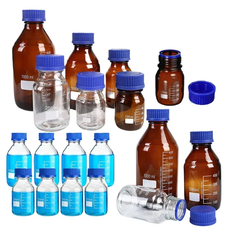 1pcs 25 ml-1000 ml, ktoré nie sú vysoké borosilikónové okrúhle sklenené fľaše na skladovanie média s modrý