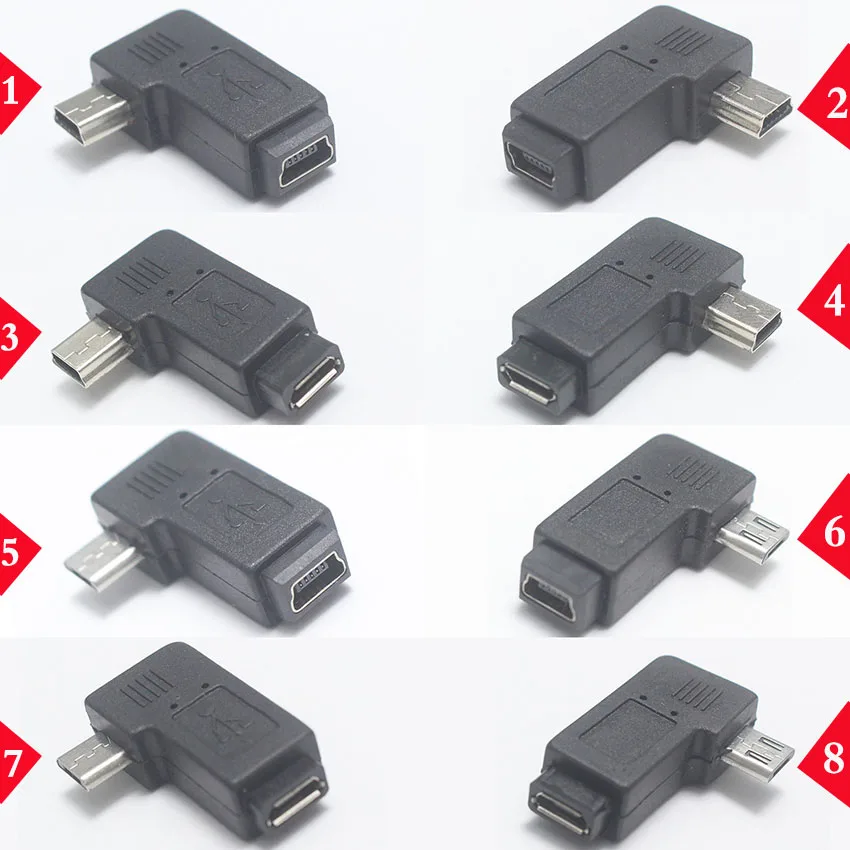 1pcs 90 stupňov ľavého a pravého uhla Mini USB 5pin Žena na Micro USB Sync Data Sync Adapter Plug Micro USB k Mini USB Connector