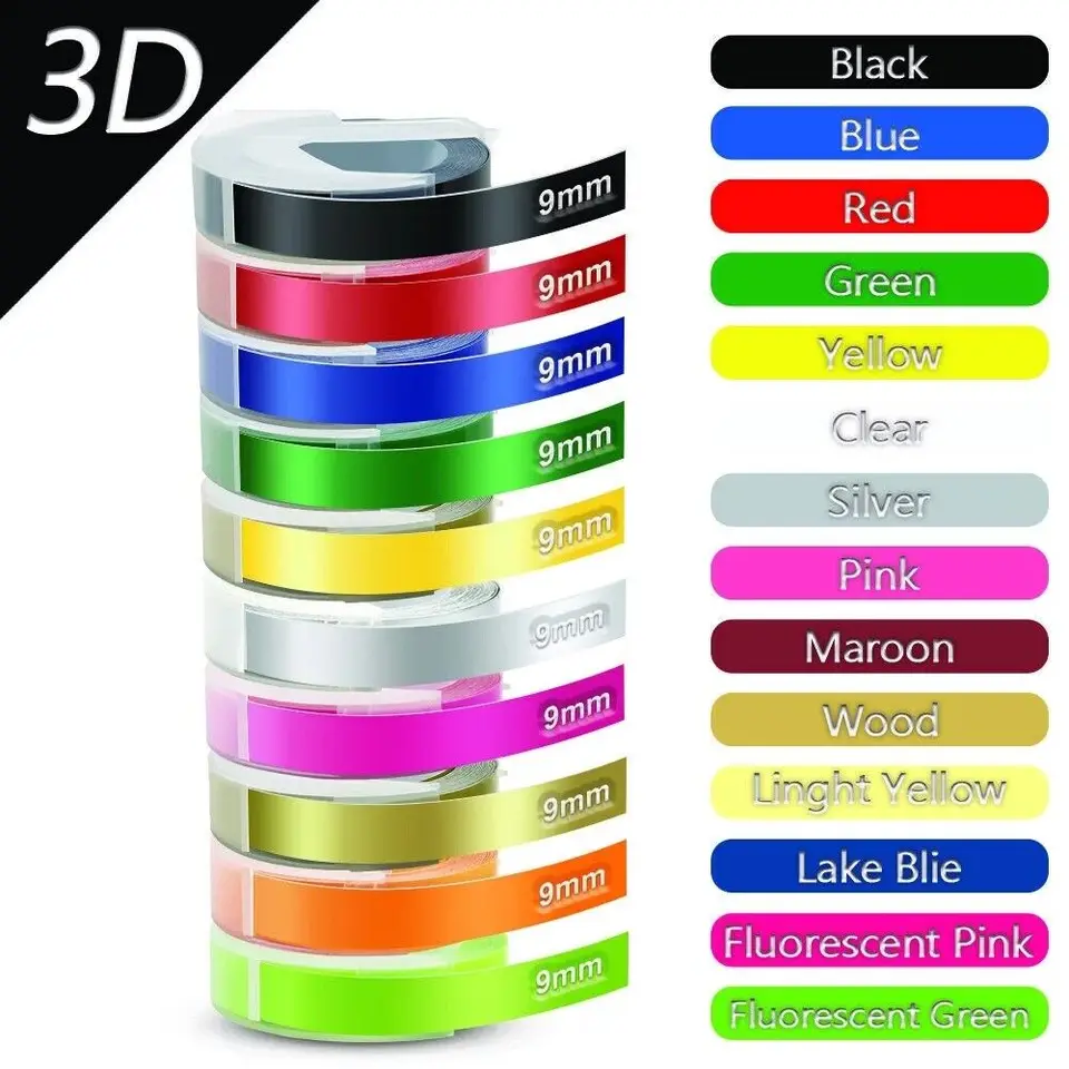 1pcs kompatibilný Dymo 3D Label Tape 9mm Dymo 3D Embossing Tape pre Dymo Motex E101 E202 Manuálny písací stroj 12965 1610 Maker štítkov