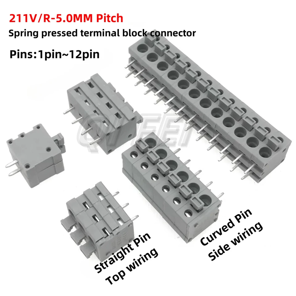 1pcs pružinový tlačový typ Type Terminálového bloku 211V 5,0 mm rozstup 211r 2p 3p 4p 5p 6p 7p 8p 9p 10p 12p 12p s priamym zakriveným kolíkom šedá šedá