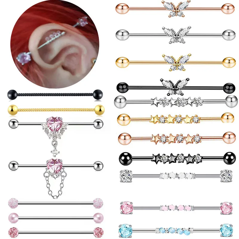 1pcs Star Industrial Piercing Set 14G Butterfly Industrial Barbell Objemová chrupavka náušnice Body Piercing šperky 1/2 palca 38 mm
