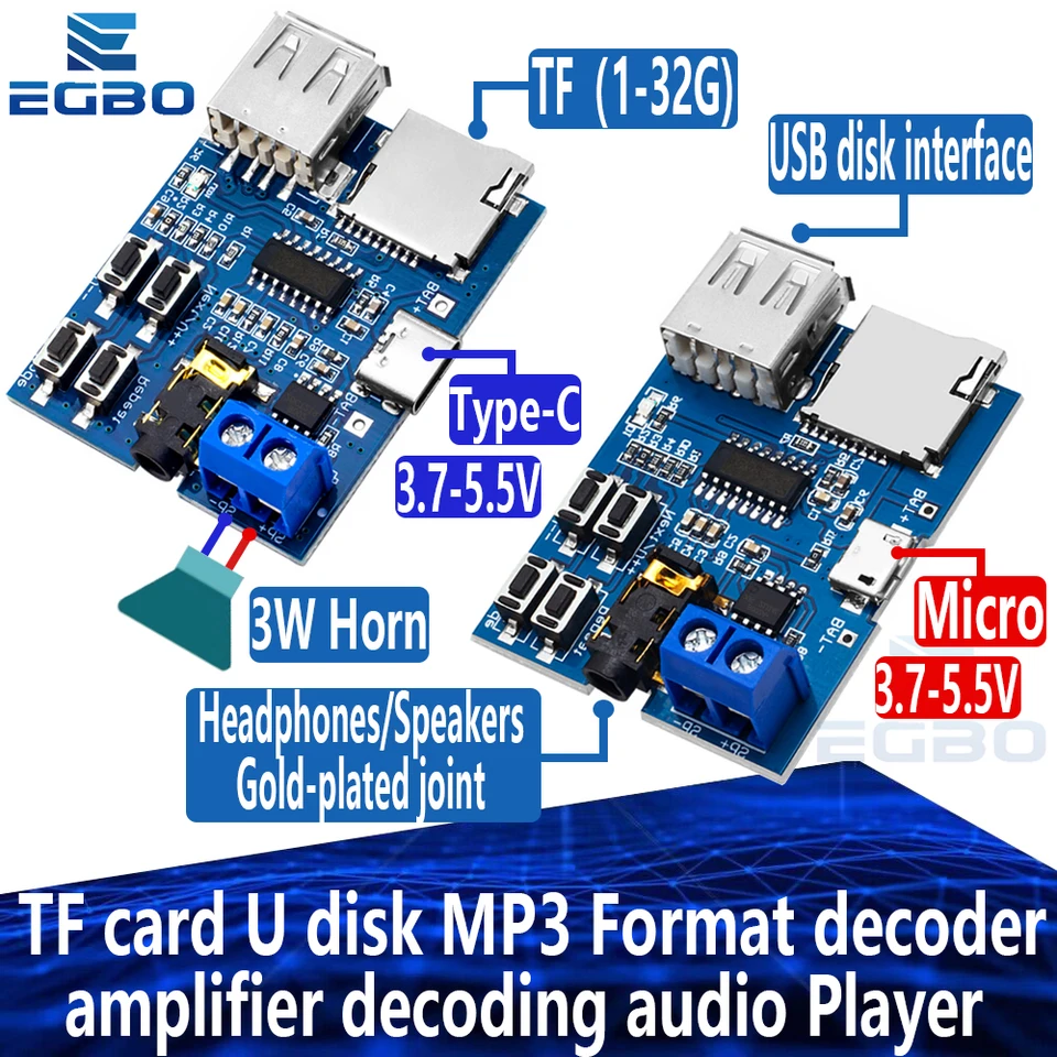 1pcs ~ 5pcs EGBO TF karta U disk mp3 formát dekodéra modulu Modul zosilňovača Dekódovanie zvukového prehrávaču typu C/micto USB