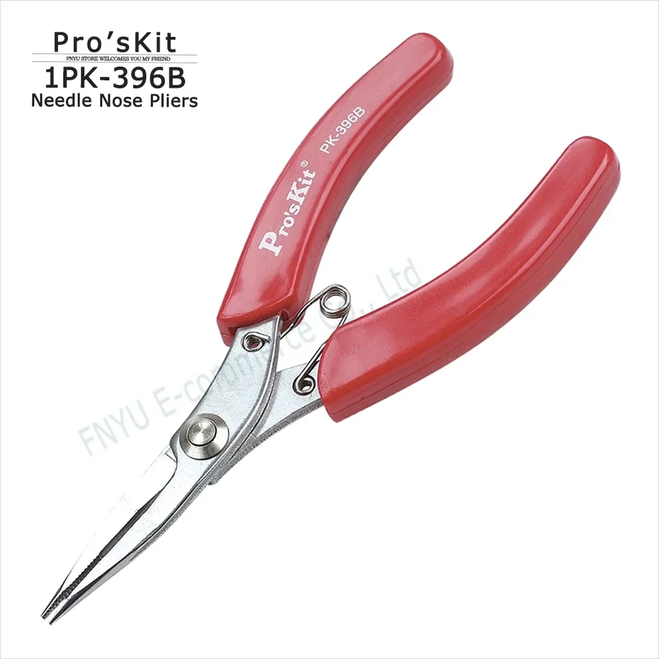 1pk-396b PRO'SKIT 5-palcový dovoz malých klieští s dlhým nosom z nehrdzavejúcej ocele Červená rukoväť Zuby dlhé ústa kliešte 130 mm