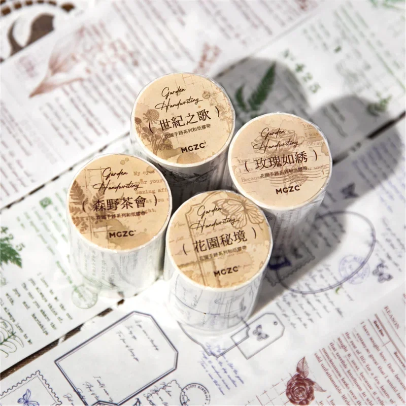 1Roll Tape Garden Ručná séria rukopisu Malé čerstvé anglické ručné stanu Krajina materiály Dekoratívne kolážové nálepky páska 4 modely