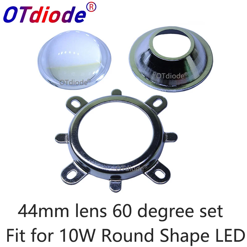 1Set 44 mm sklenený LED objektív 60 stupňov + 50 mm kolimátor reflektora okrúhleho otvoru + pevná konzolňa pre 10 W okrúhly tvar Vysoko výkonný COB LED dióda