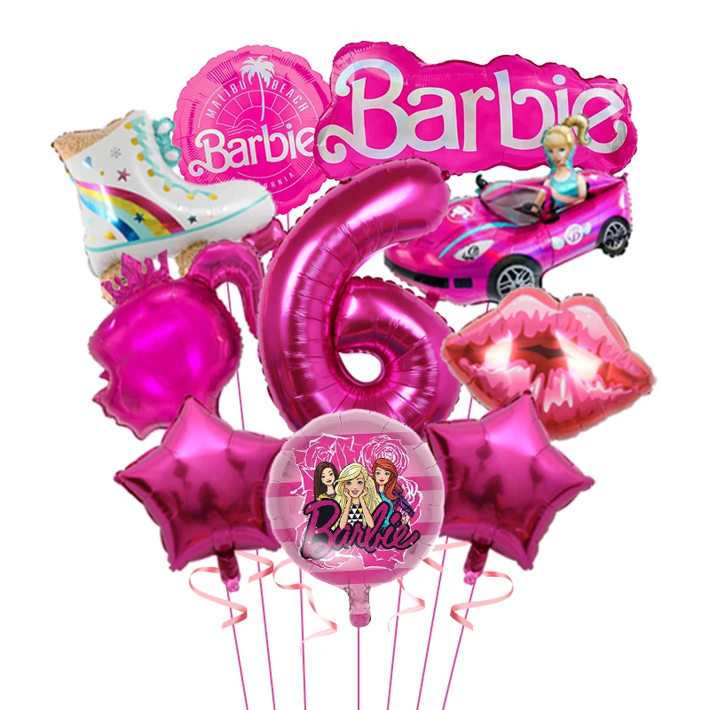 1set Pink Barbie Car Red Lips Star Foil Globos korčule Balón číslo 6 7 8 Dieťa pre bábätká Girl Girla Birthday Party Decora