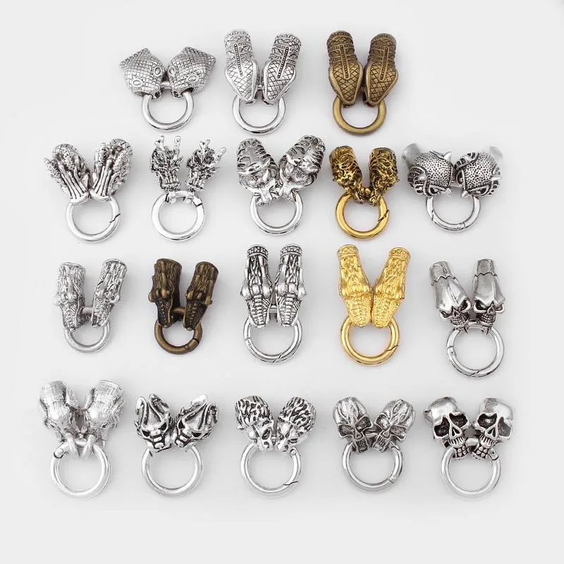 1set Tibetan Strieborná lebka / Dragon Head Lock Spring Round Round Clasps Clasps Koncové čiapky pre náramky