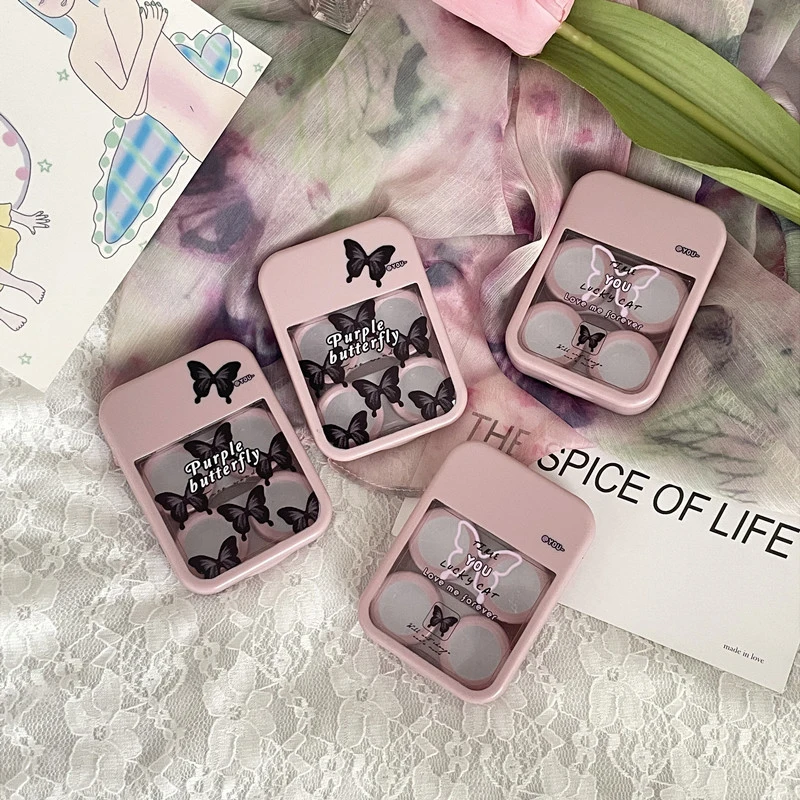 1set Trendy Mini kontaktné šošovky Box Purple Black Butterfly Kontaktné puzdro so zrkadlom pre držiaky držiak pre ženy