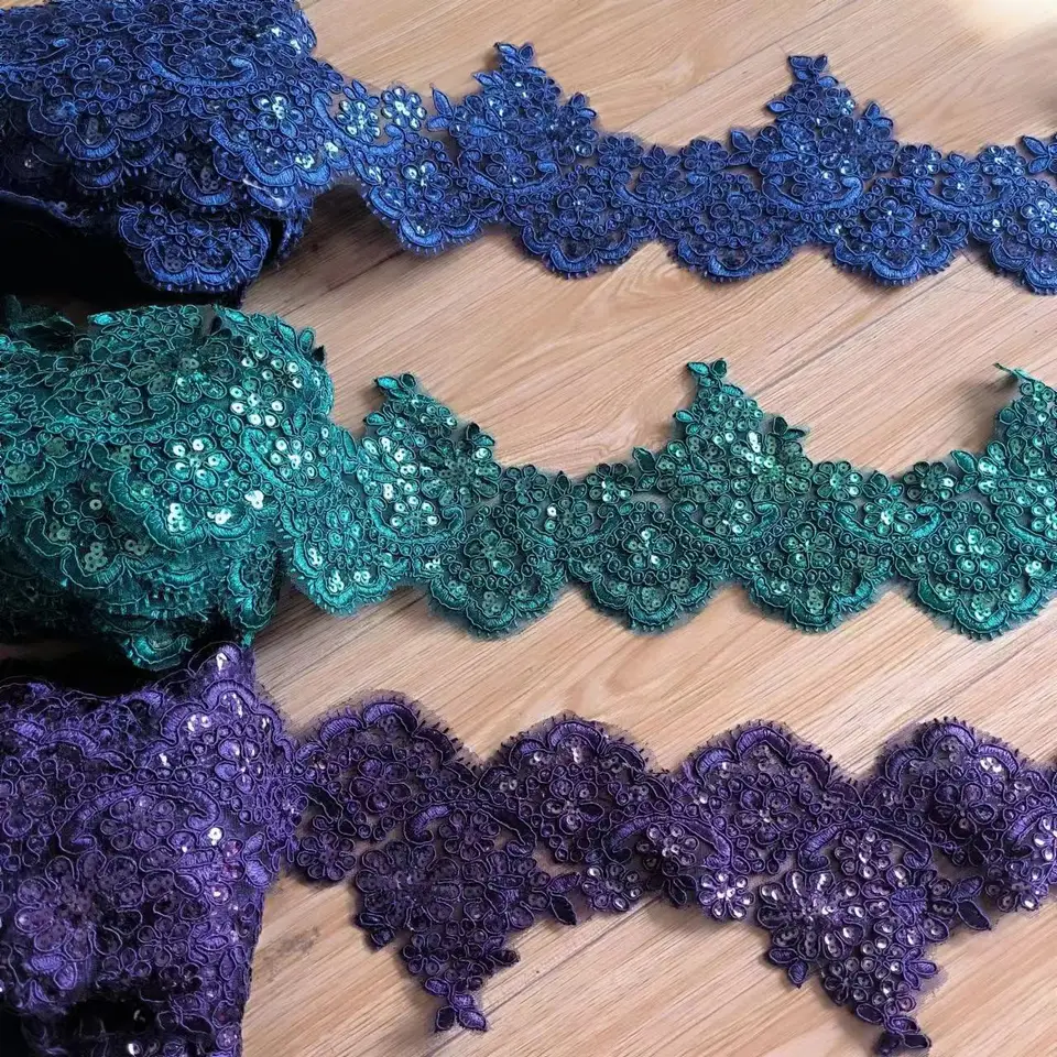 1yard 13 cm široký zafír zelený flitre Edge Polyester vyšívací čipk