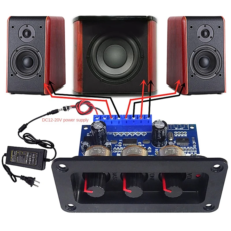 2.1 Kanál Digitálneho zosilňovača Digitálneho zosilňovača+AUX Audio kábel 2x25W+50W BT5.0 Subwoofer trieda D Zosilňovacia doska DC12-20V