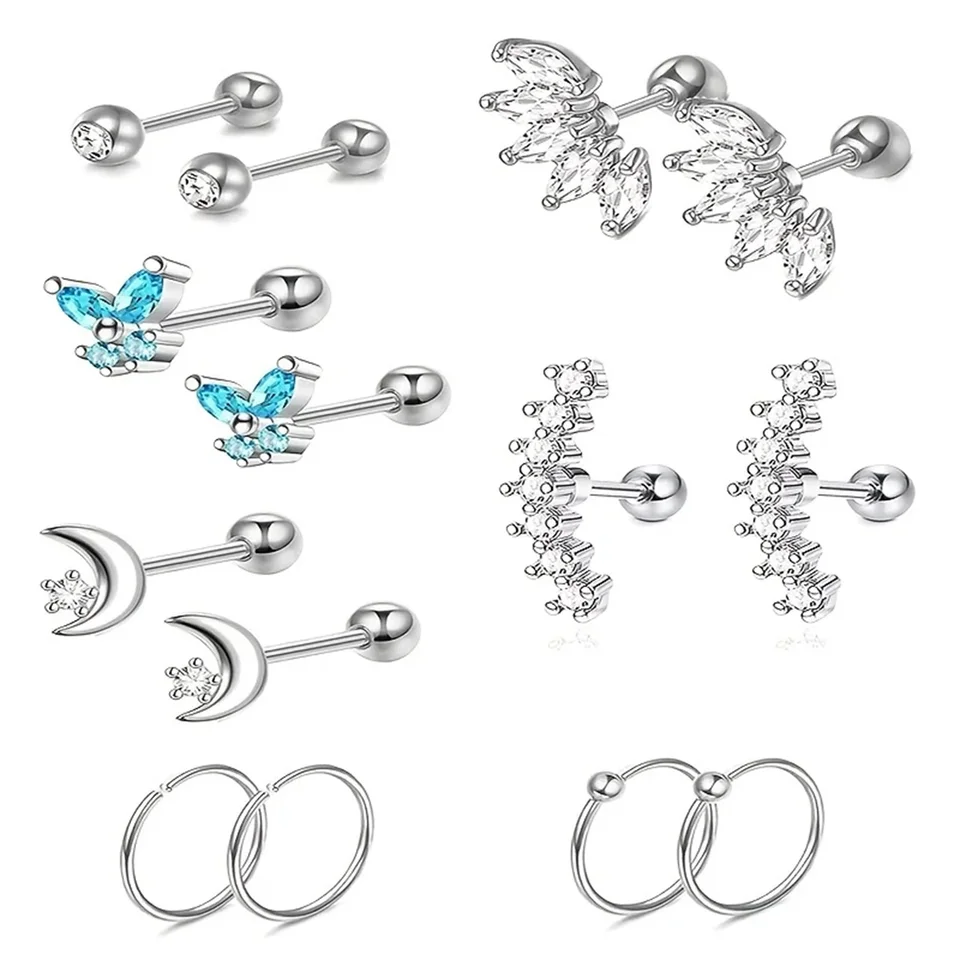 2/14 ks hypoalergénny motýľ Moon Moon Churring Studs, Tragus Piercing šperky Daith Helix Conch Cuilrings