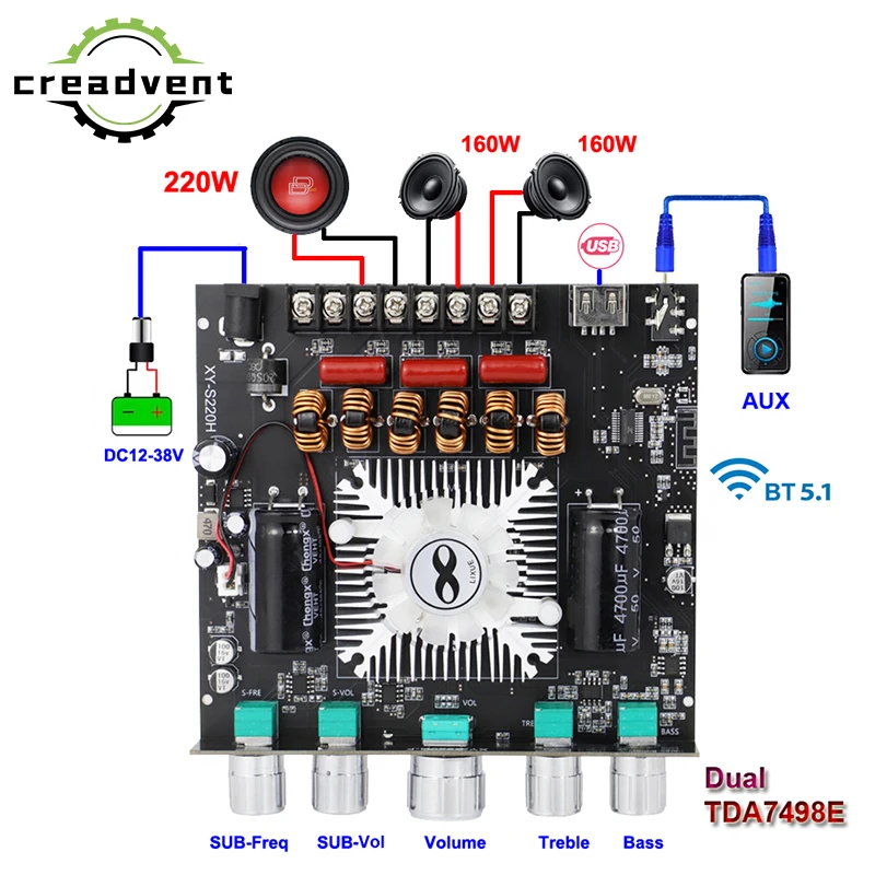 2*160W+220W Bluetooth TDA7498E Power zosilňovacia doska 2.1 CH Class D Subwoofer Theatre Audio Stereo Equitor USB Zvukový karta zosilňovač