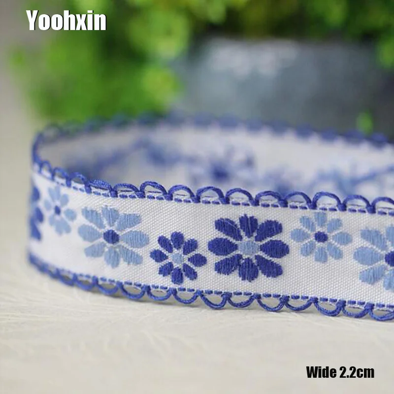 2,2 cm širokoodrej modrej bavlny Vyšívacie kvetinové čipky Tkanina Ribbon DIY Šijacie aplikácie