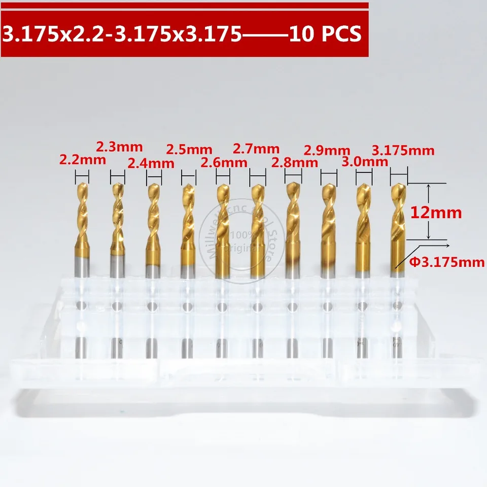 2,2 mm-3,175 mm, 10ks/box, vŕtací bit CNC, vŕtačka dosky Micro DPS, vŕtačka s potiahnutím cínu, vŕtačku volfrámu, odstránenie hladkého čipu