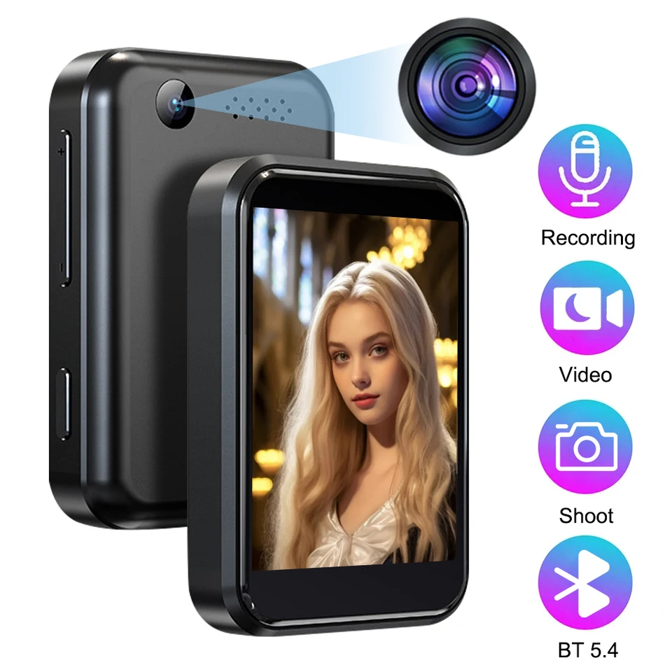 2,4 '' dotyková obrazovka MP3 prehrávač s fotoaparátom a vysokokvalitné kvalitné Bluetooth 5.4 HD hlasové nahrávky FM Radio Hudba prehrávač