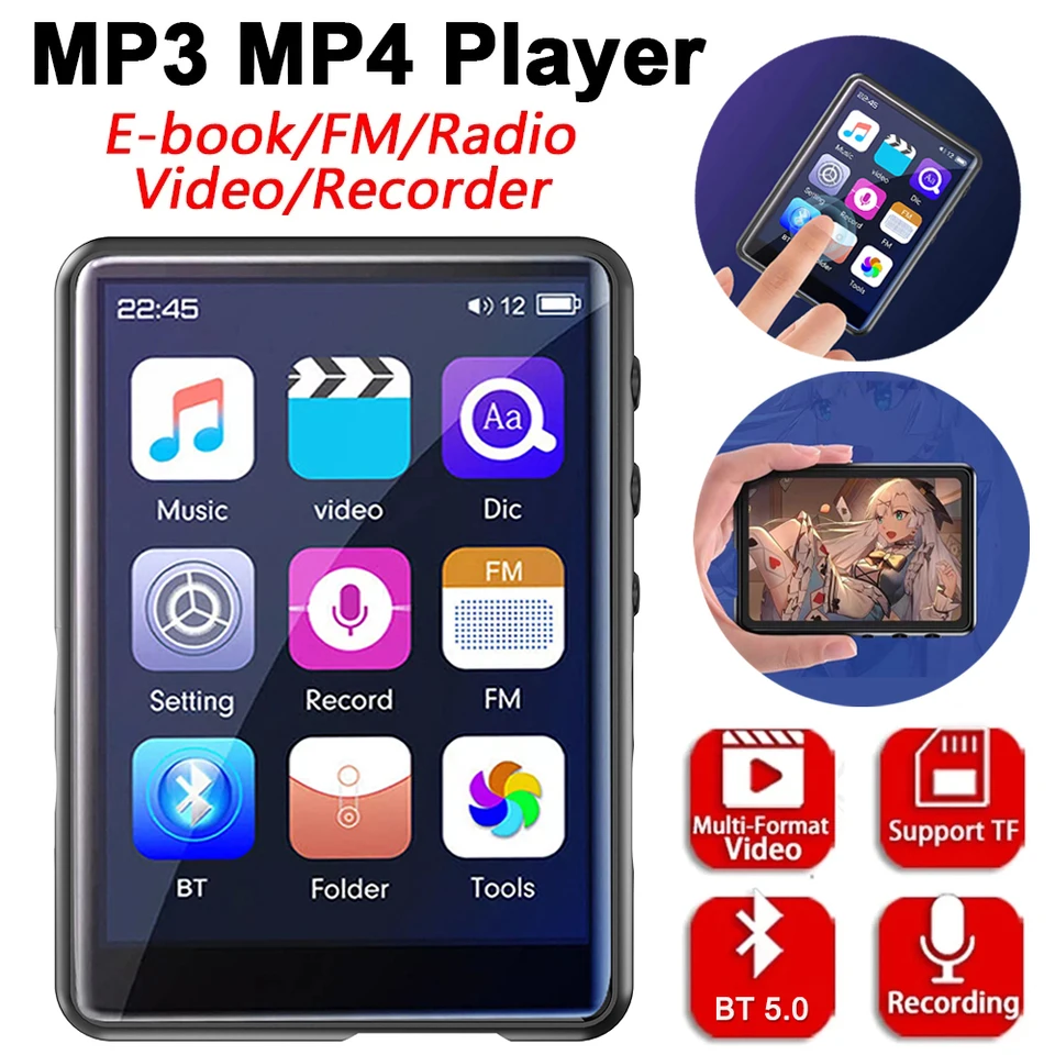 2,4-palcový dotykový displej Bluetooth 5.0 MP3 prehrávač s reproduktorom/FM Radio/Recorder/E-kniha/obrázok High Fidelity Music Mlayer