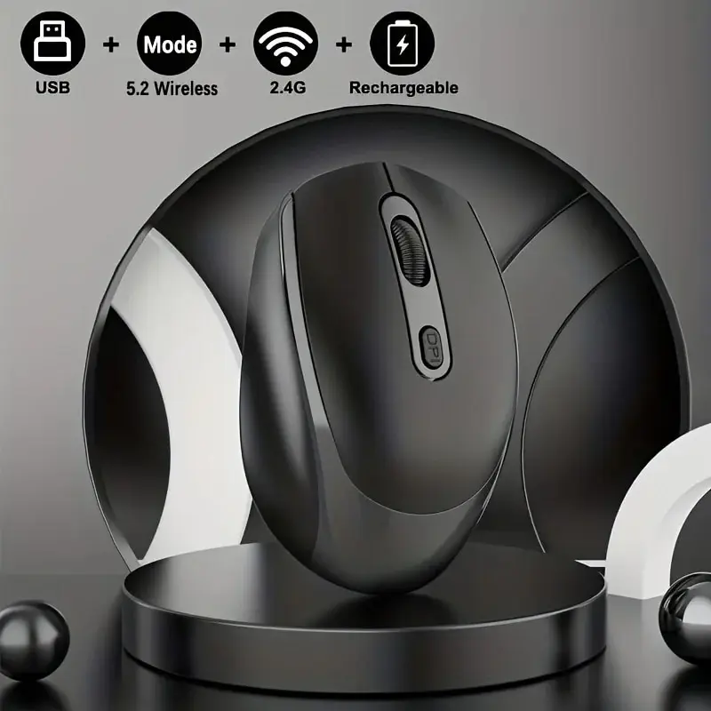 2,4G Nabíjateľný duálny režim Wireless BT Mouse (Bluetooth 5.2+USB prijímač) Prenosná tichá herná myš, pre prenosný počítač/pracovnú plochu/tablet