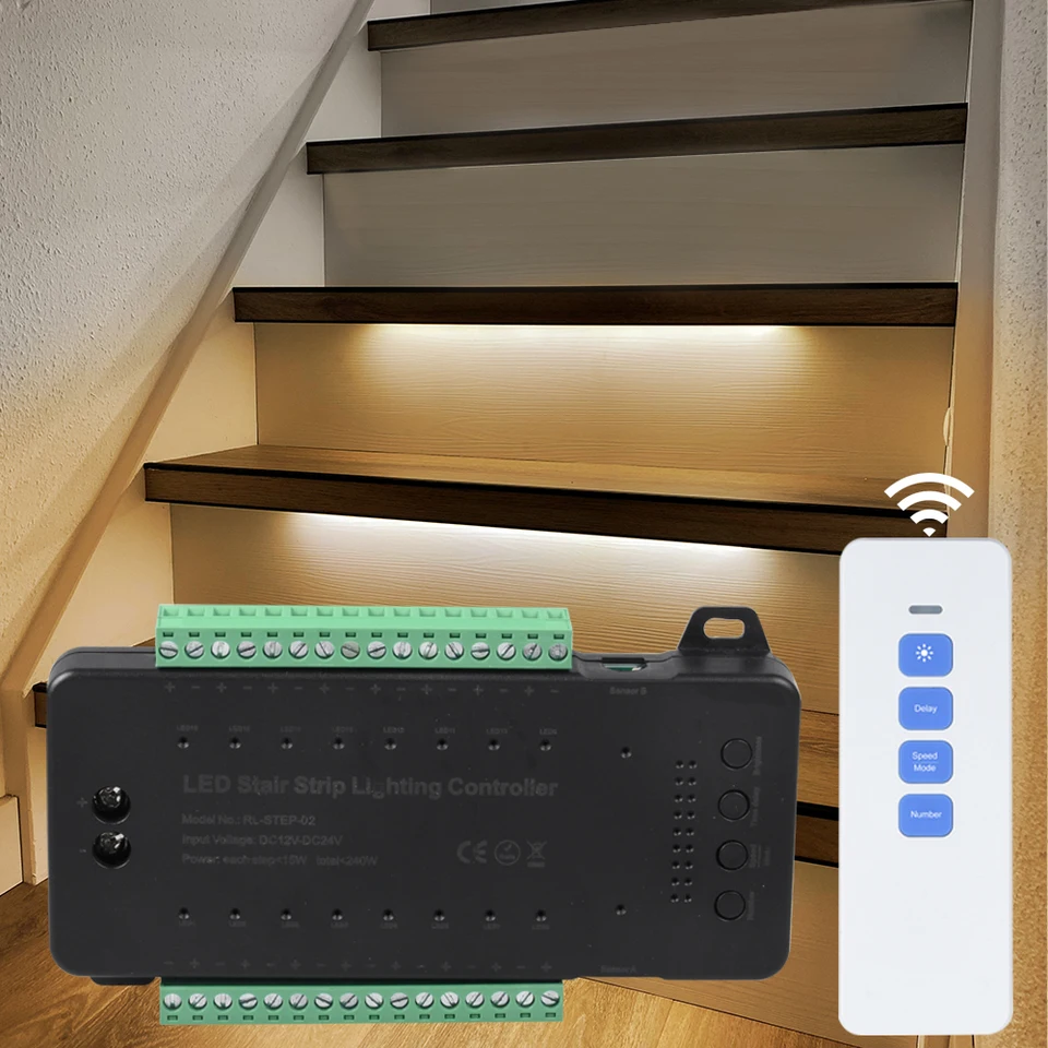 2,4G RF diaľkové ovládanie PIR Senzor PIR STAIR Ovládač STAR OVLEDUJÚCIE OVLÁDACIE OVLÁDACÍM VIAC Viacnásobné režimy pre 16 krokov schodisko Home Použitie