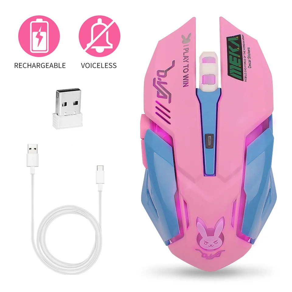 2,4G tiché bezdrôtové nabíjanie myši ružové svetlo Anime Anime 7-Button Computer Gaming Mouse