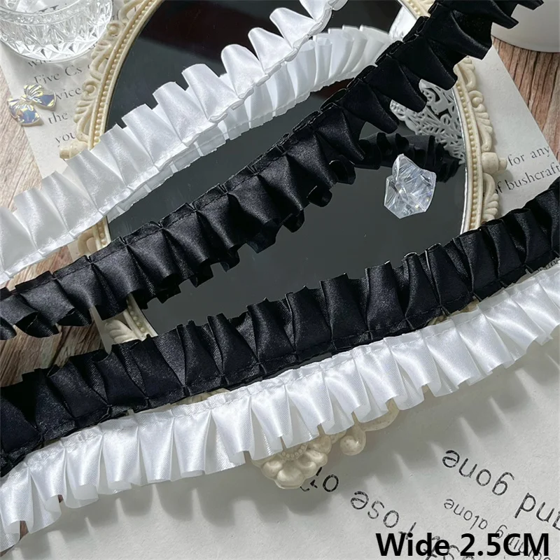 2,5 cm široký biela čierna saténová stuha 3D skladaná čipkovaná látka Ribbon Lolita Dress Ruffle Tresp