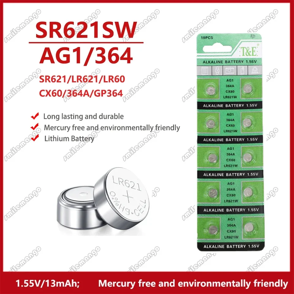 2-50ks 1,55V 13MAH AG1 LR621 364 164 531 SR621 SR621SW SR60 CX60 BATTLE BATTLECE pre diaľkové hračky na hračky CELL MOŽNÉ BATÉRIE
