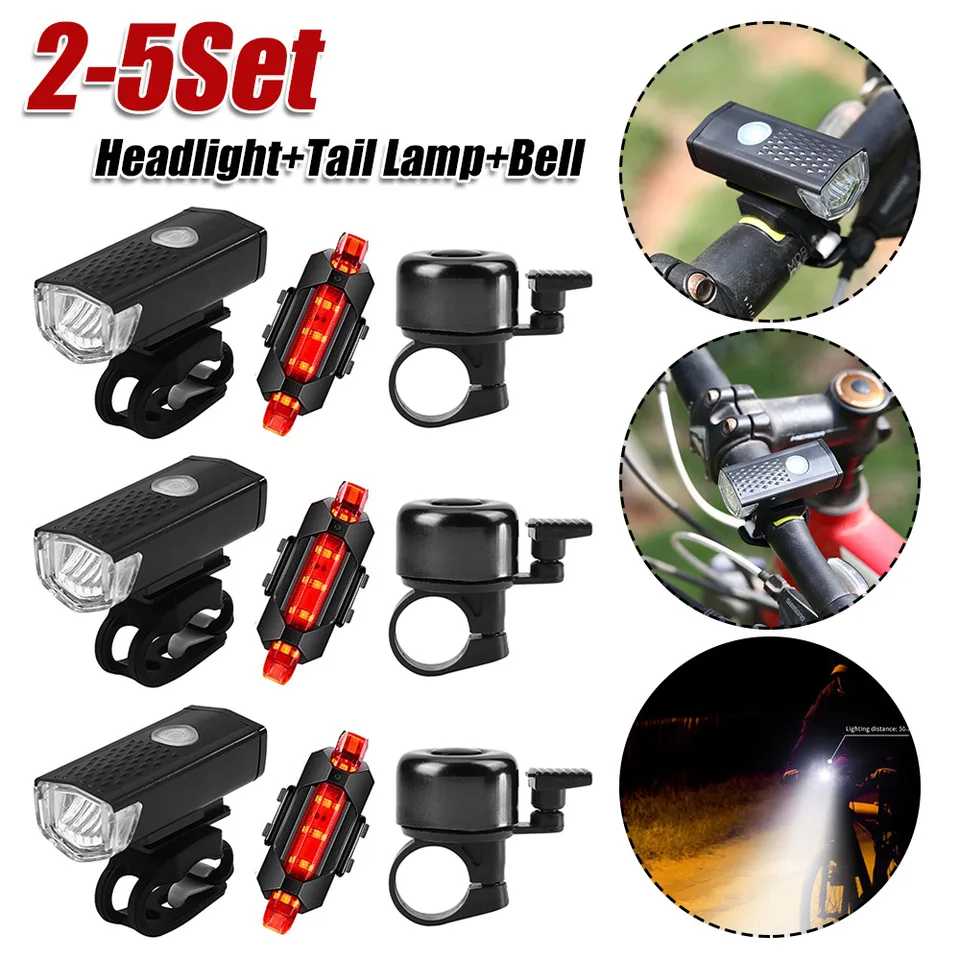 2-5set 300 lm MTB bicykel svetlomet s prednou lampou LED SET SET LED BIKE LAMP USB nabíjateľnú nočnú bezpečnostnú cyklistickú cyklistiku