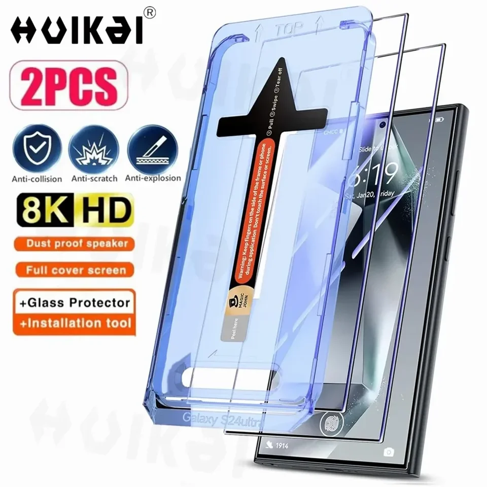 2 balenie pre Samsung Galaxy S25 Ultra S24 Temperovaná sklenená sklenená obrazovka Ochranta automatického inštalácie eliminácie prachu-eliminácie bubliny zadarmo HD Clear