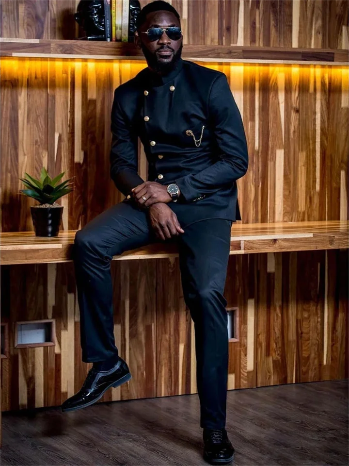 2 -dielna móda africký dizajn Čierne muži obleky stojan golieru kostým Homme svadobné prom terno Masculino Slim Fit Groom Groom.