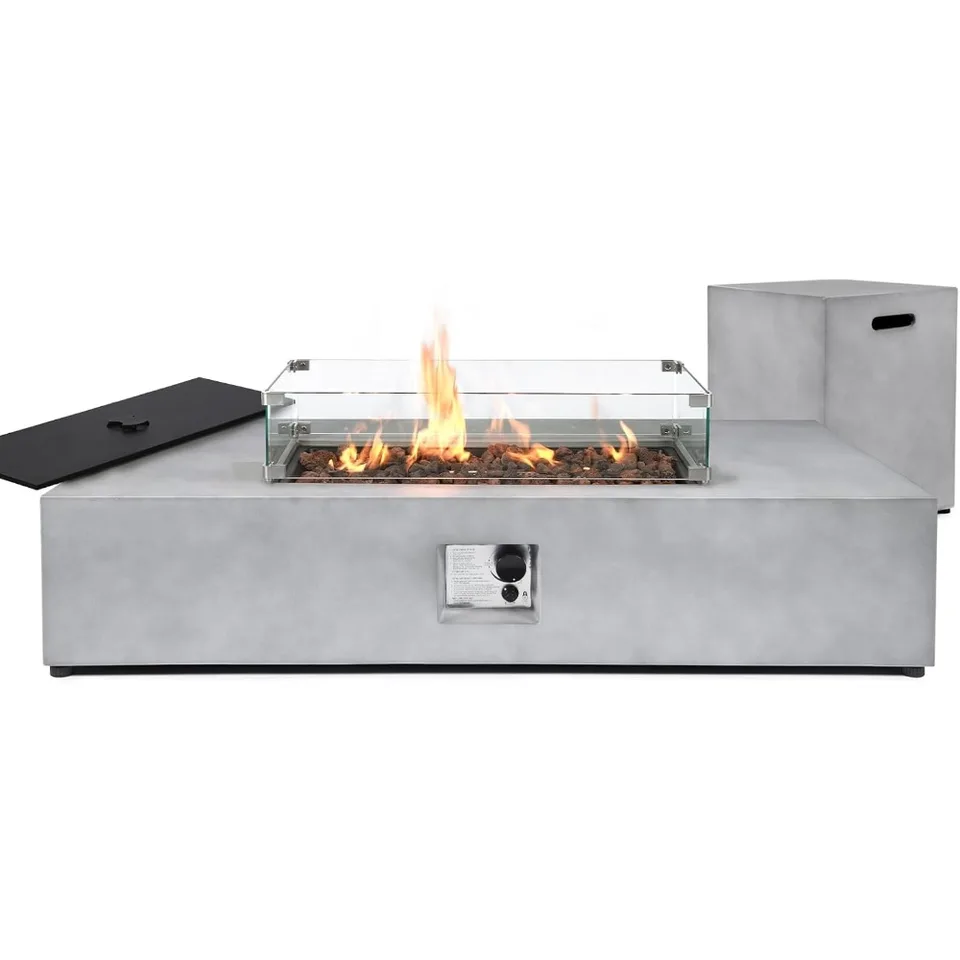 2-dielna propánová ohňostrojová stola sada 54 palcov Firepit Table W Glass Wind Counch, 50 000 btu vonkajšia ohnivá jama W 16 palcov bočné stoly