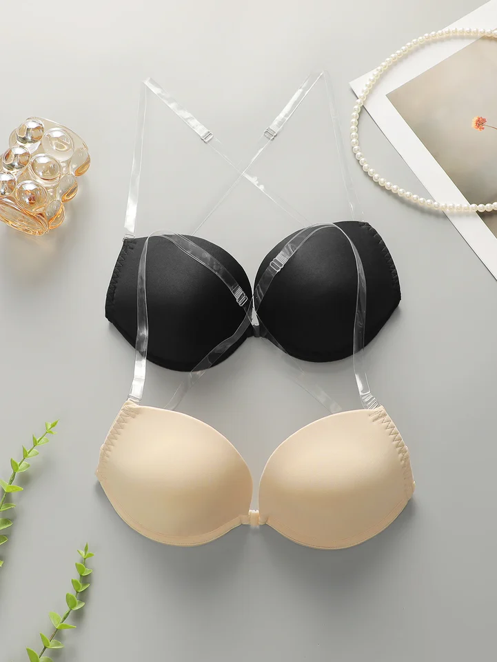 2-dielna sada ženských sexy priehľadných priehľadných ramenných popruhu Zhromaždená push Up Puferná blízka priliehajúca podprsenka A2129