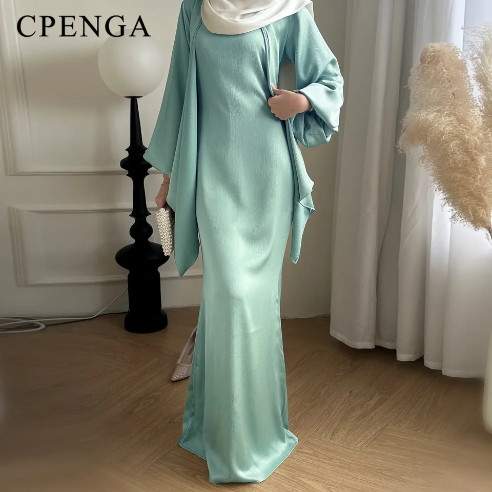 2 -dielne Saudská Arábia Moslimské ženy saténové šaty pre ženy Islam Dubaj Scrend ​​Clothing 2024 Elegantné turecké rúcho