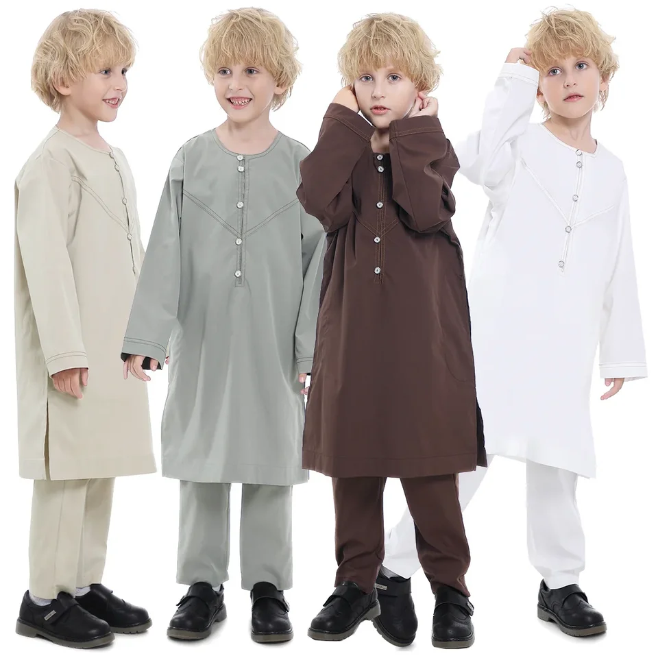 2 -dielne súpravy chlapcov jubba thobe moslimské módne oblečenie s dlhým rukávom kaftan arab abaya dubaj eid modlitebný odev morčacie rúž