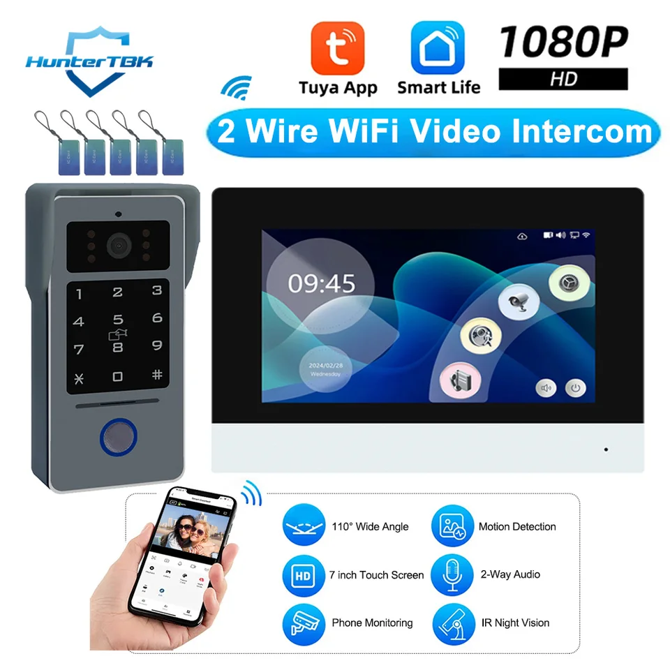 2 drôtený inteligentný život tuya wifi 1080p Video interkom video dvere telefón 7 ″ farebná dotyková obrazovka Camera Camera Door Bearch Zabezpečenie systému dverí