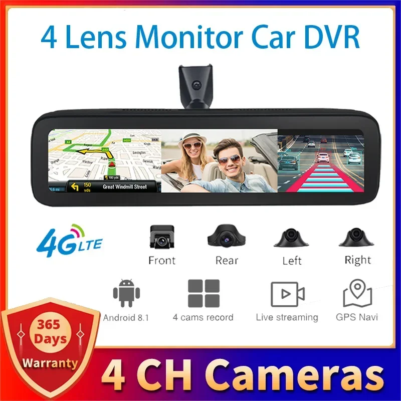 2 GB+32 GB Android Dash Cam Support 4G 4 zrkadlové kamery HD 1080p Automatické fotoaparáty GPS WiFi ADAS CAR DVR so zadným pohľadom