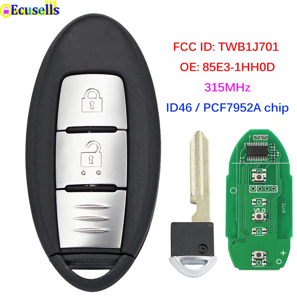 2 gombík 315 MHz ID46 Chip Smart Remote Car Key FOB pre Nissan marec K13 Micra K13 Leaf TWB1J701 85E3-1HH0D NSN14