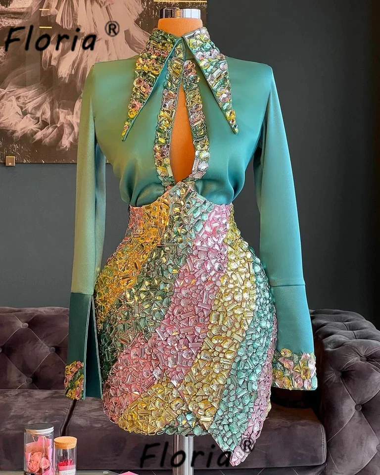 2 ks set couture plne ručne ručné korálky krištáľové kokteily s dlhým rukávom zelené topenie