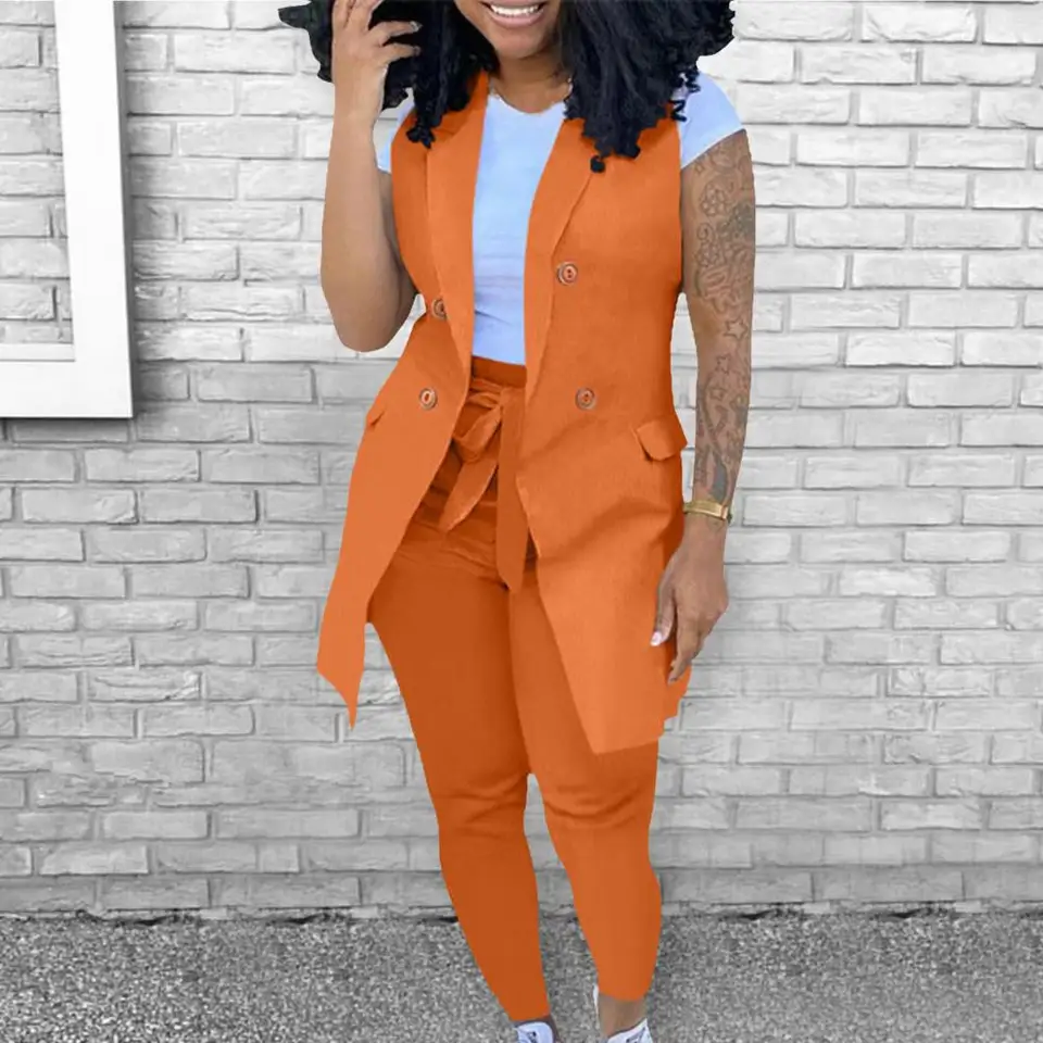 2 ks/set dámske nohavice s kabátmi obleky bez rukávov Lady Lady Vesery Suit Slim Fit Coats Pants Sada