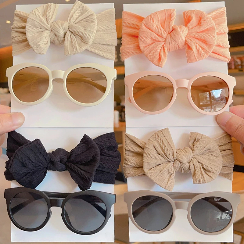2 ks/set nových detí roztomilé farebné bowknot široké vlasové pásma Solidy UV400 Slnečné okuliare Dievčatá Dievčatá hlavy Kadé vlasy