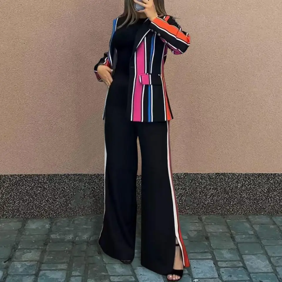 2 ks/set OL Commuter Style Outfit ColorBlock Stripované dlhé rukávy Lady Formálne srsť Panty Set Formal Business Commuting Outfit