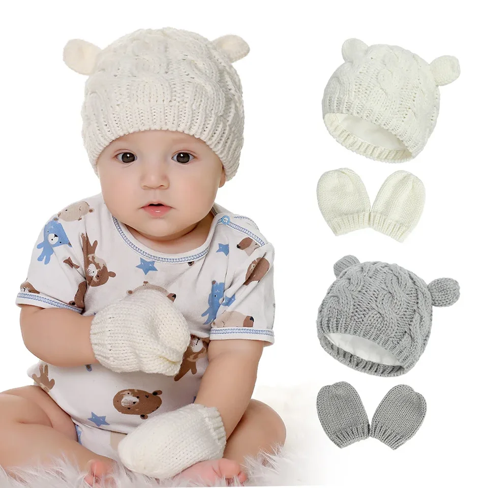 2 ks čisto farebná detská detská dievčatá chlapci zimný teplý pletený klobúk 2021 Nové roztomilé rukavice krásne čiapky s čiapkou 0-18 mesiac