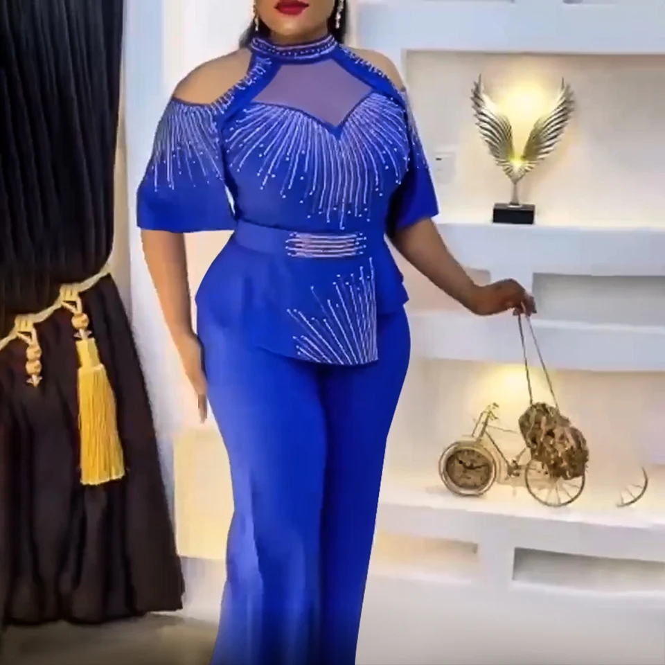 2 -kusová súprava plus veľkosť dámske oblečenie African Dashiki Ankara Outfits 2024 Summer Fashion Diamond Tops Pants Nohavice obleky