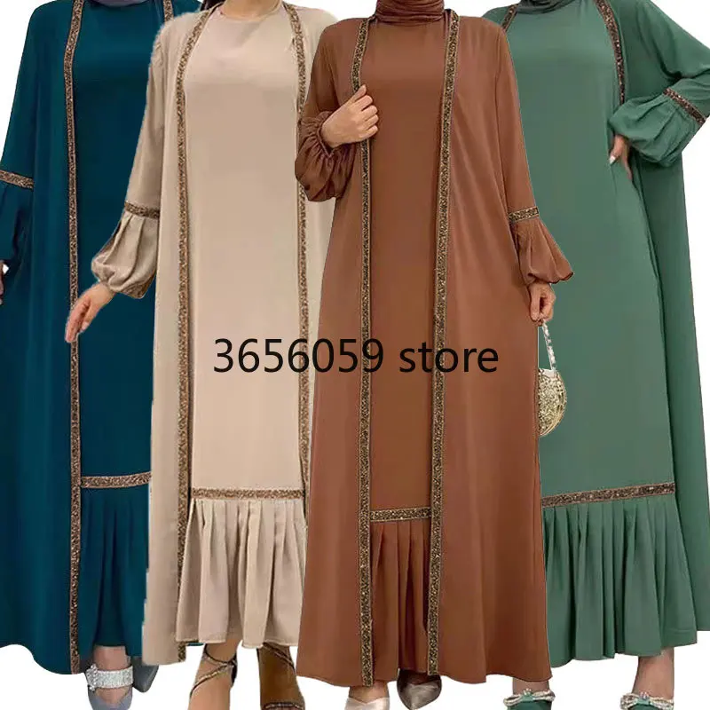 2 -kusové súpravy Ramadan Moslim Kimono Šaty pre ženy Dubaj Open Abaya Turecko Marocká kaftan arabský rúž arabské šaty Jalabiya