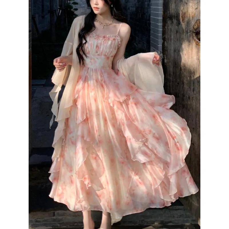 2 -kusové šaty súpravy Ženy Elegantné šifónové letné letné šaty s štíhlymi popruhmi + rozprávková módna módna elegantná vintage oblek dokonca párty